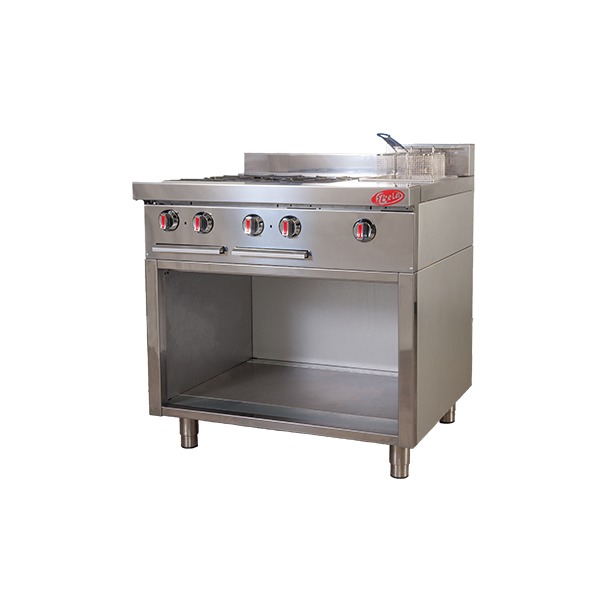 COCINA A GAS DE 4 HORNILLAS CON BASE FREIDORA Y GABINETE CON PUERTA DE ACERO ALUMINIZADO 85,8x92x87 CM IBOIA