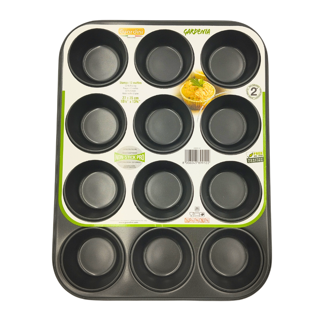 BANDEJA PARA 12 MUFFINS CON ANTIADHERENTE DE ACERO 27x3CM GUARDINI