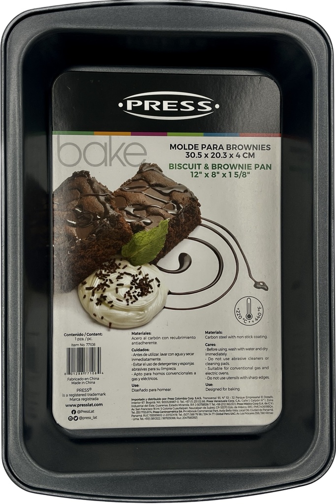MOLDE PARA BROWNIES CON ANTIADHERENTE DE ACERO AL CARBONO 30.5x20.3x4CM PRESS