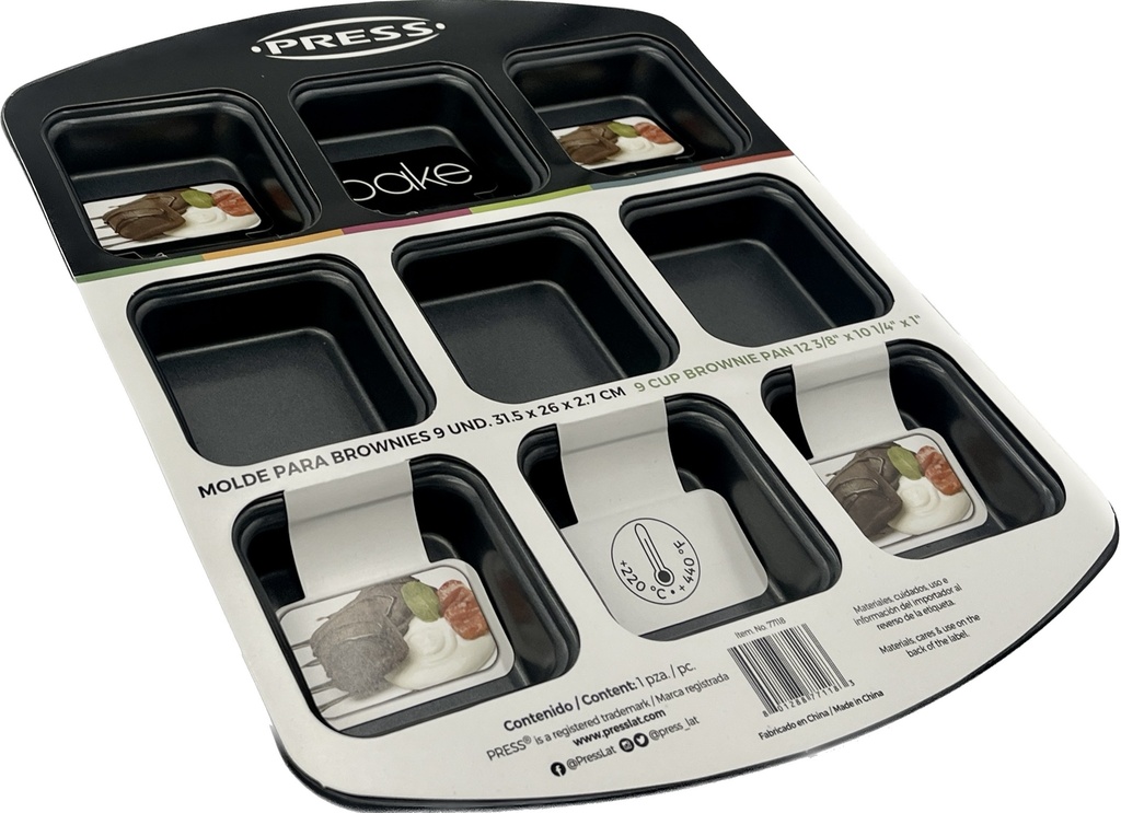 MOLDE PARA 9 BROWNIES CON ANTIADHERENTE DE ACERO AL CARBONO 31.5x26x27CM PRESS