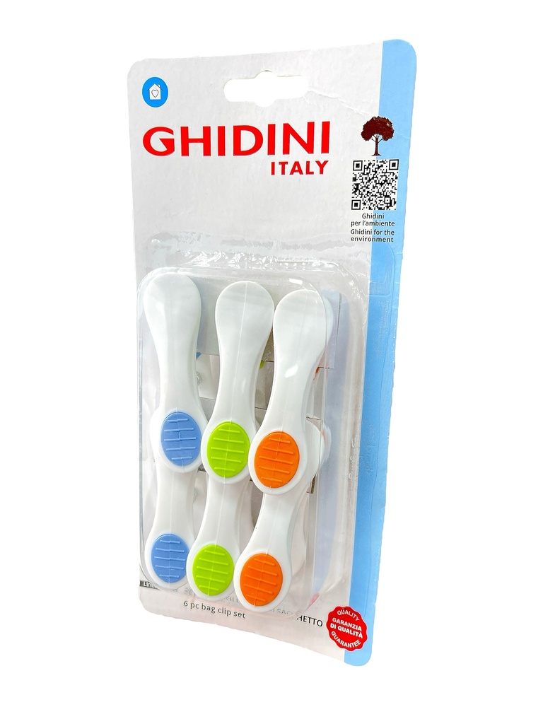 SET DE 6 PINZAS PARA CERRAR BOLSAS DE PLASTICO 6,5 CM GHIDINI
