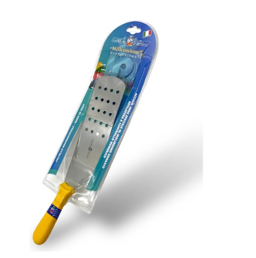 ESPATULA PERFORADA DE ACERO INOXIDABLE CON MANGO AMARILLO 26 CM PAOLUCCI